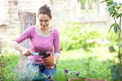 Gardener assisting a client with accessibility considerations in a garden