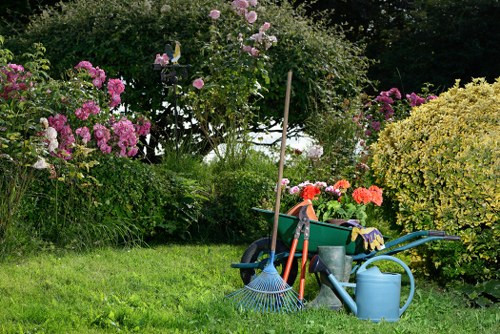 The image depicts a well-maintained garden with a lush, green lawn in the foreground, edged by various flowering shrubs and bushes, including prominent pink and purple blossoms, along with yellow-green foliage. In the background, there are taller trees with dark green leaves providing a natural boundary and shade. Garden tools such as a rake, a watering can, and a wheelbarrow filled with additional garden supplies are neatly arranged on the grass, indicating ongoing gardening activities. The scene is illuminated by natural daylight, suggesting clear weather and a peaceful outdoor environment suitable for gardening or landscape maintenance, consistent with services offered by Gardening Services Deptford in the Deptford area.